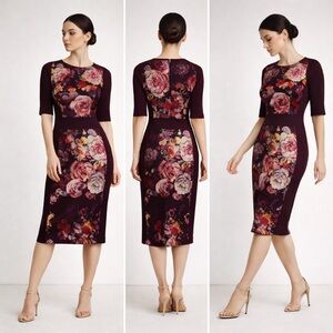 TERI JON Rickie Freeman Burgundy Floral Sheath Dress Elegant Occasion Cocktail 4